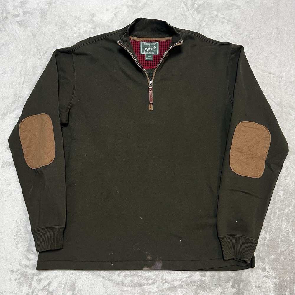 Woolrich Mens Large Olive Green Quarter Zip Pullover Suede Elbow Patch Sweater